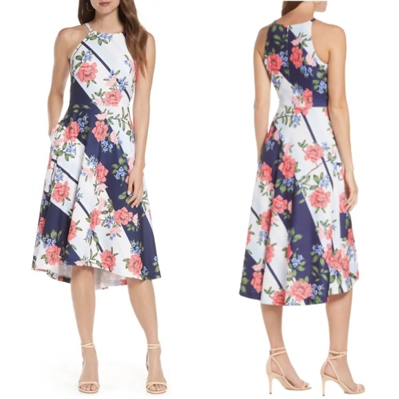 NWT Vince Camuto Floral Halter Neck A-Line Midi Dress Sz. 12 - Picture 1 of 6